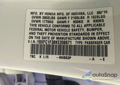 2019 Honda Civic Ex из США, поврежденный, VIN 19XFC1F38KE206671